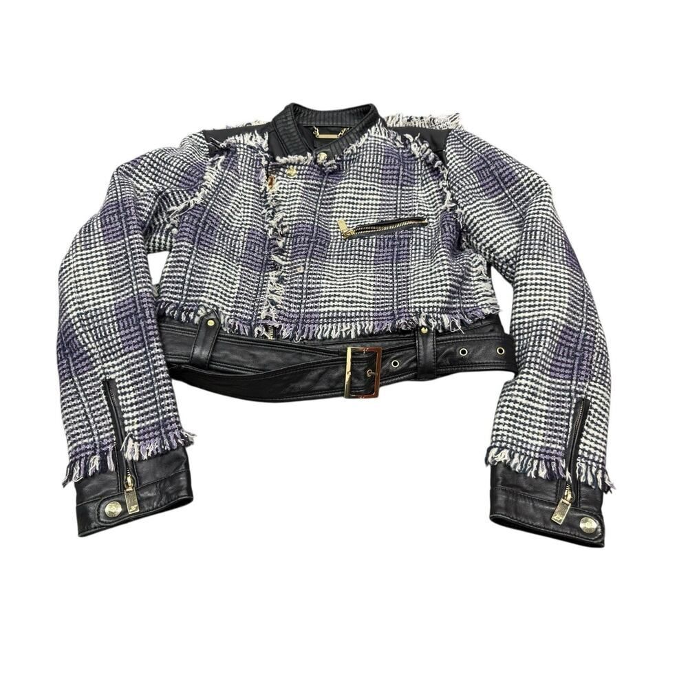 Apart Cropped Leather & Wool Blend Biker Jacket Fringe Trim sz 8 - Picture 2 of 15